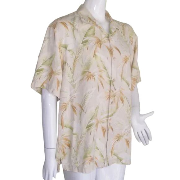 TOMMY BAHAMA Silk Shirt, L Palm/Leaf Print, Natural Buttons, Short sleeve, Camp - Picture 2 of 11